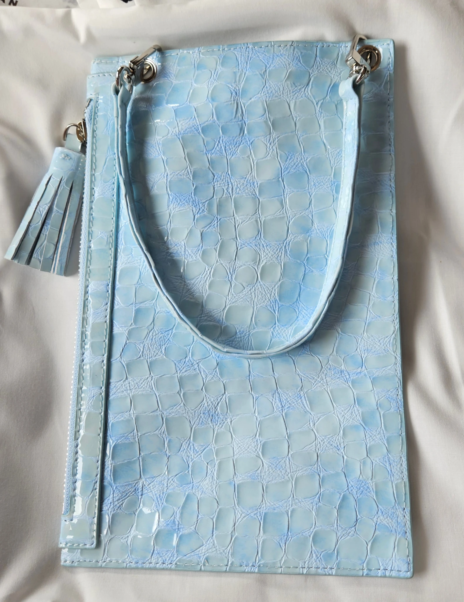 Clover Pouch | Sky Blue Patent Croc with Silver hardware