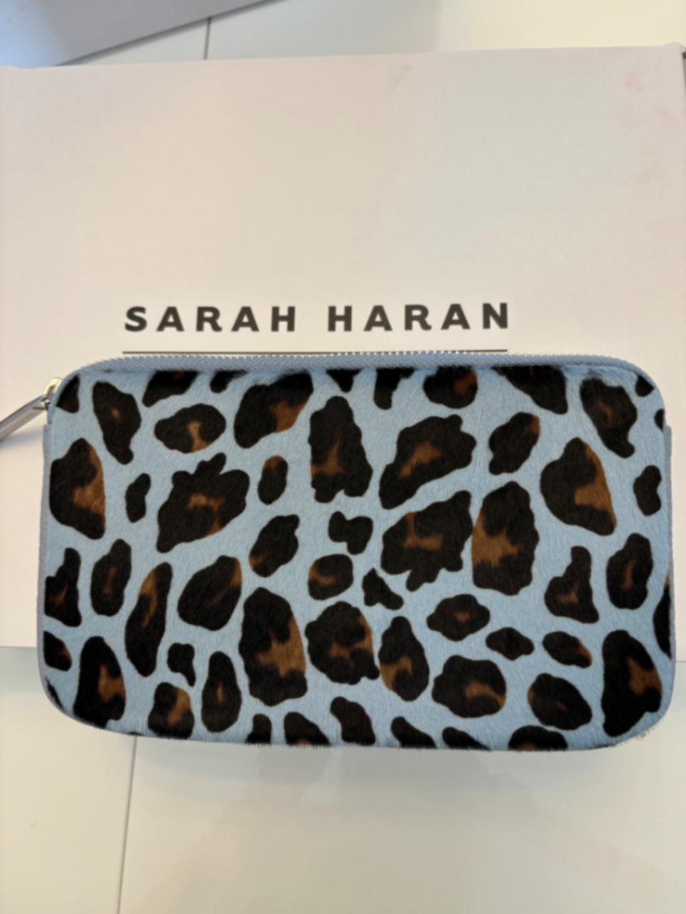 Duck egg Millie pouch with blue leopard SHW
