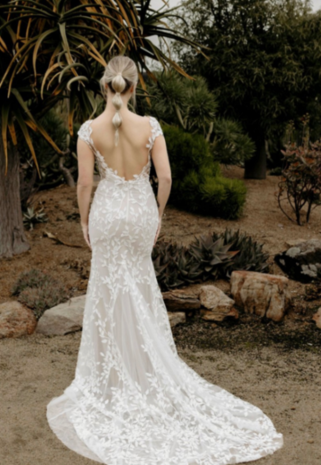 WA22562-1Z Cap Sleeve Leaf Applique Plunge Wedding Dress