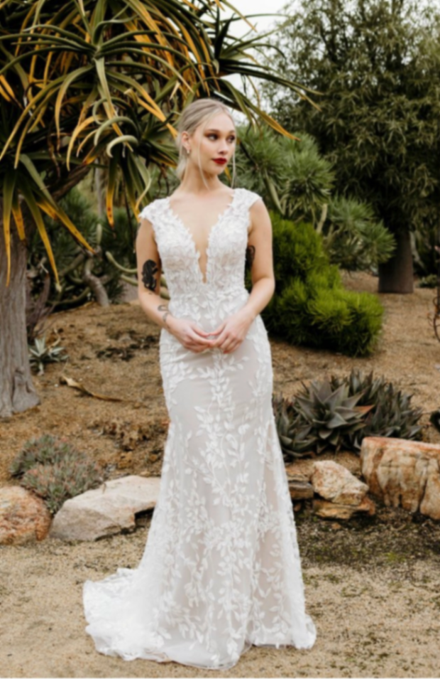 WA22562-1Z Cap Sleeve Leaf Applique Plunge Wedding Dress