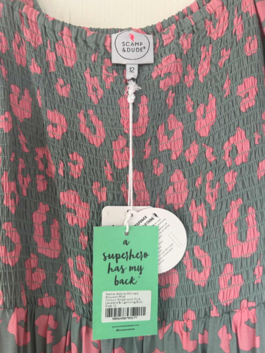 Shirred midi khaki and pink leopard 