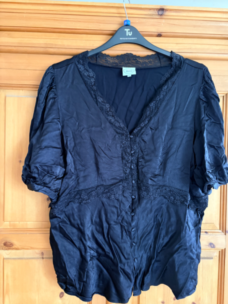 Black with Lace Trim Puff Sleeve Button Through Blouse