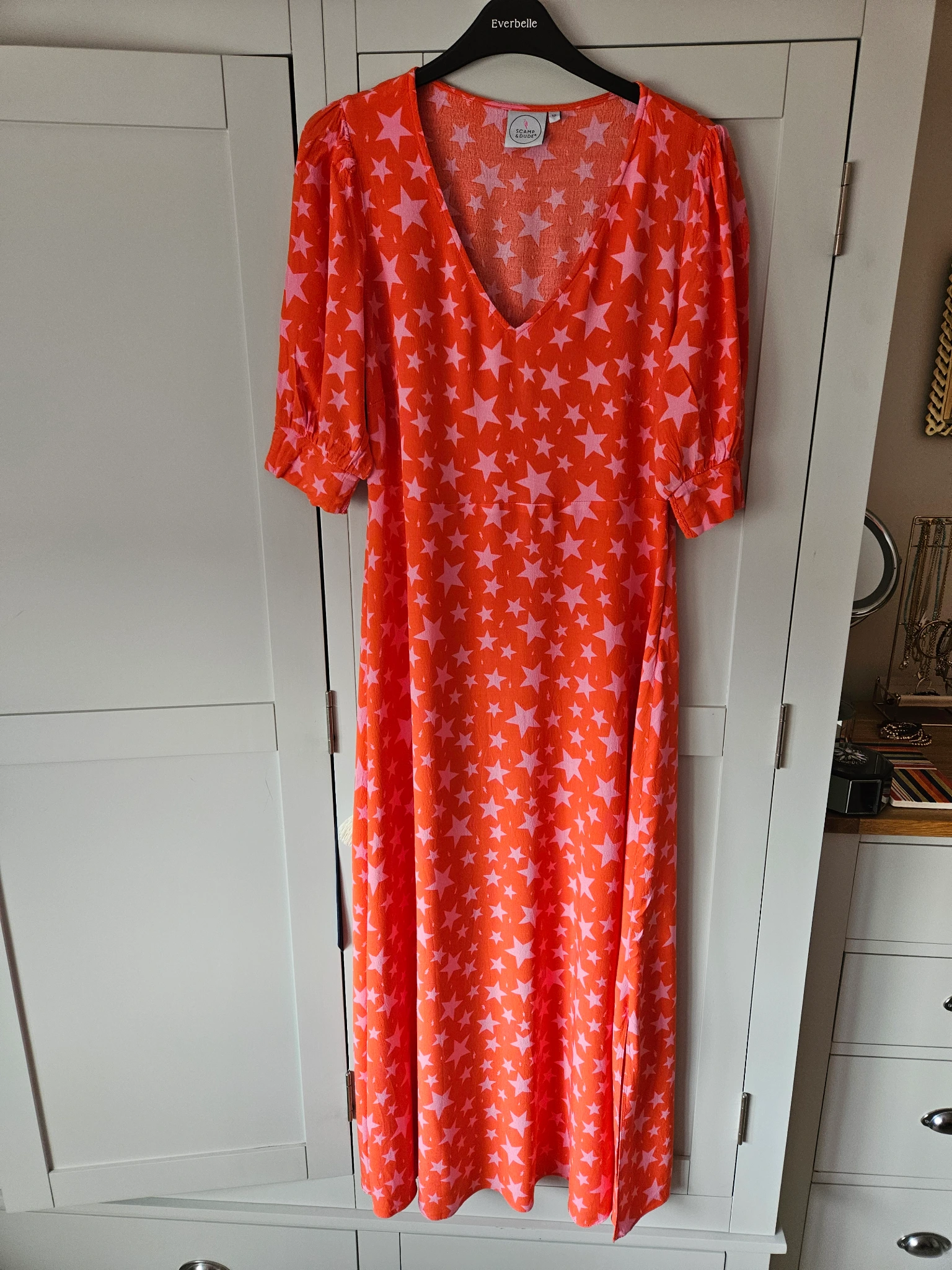 Red with Pink Star V Neck Midi Dress