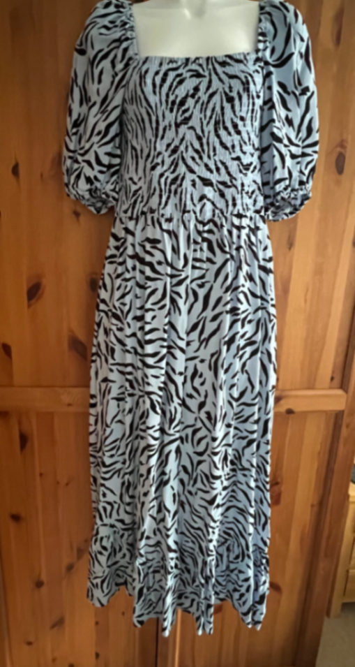 Pale Blue with Black Zebra Shirred Midi Dress