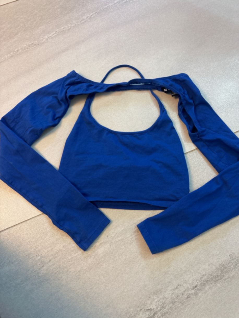 Cobalt Blue Long Sleeve Halterneck Crop Top