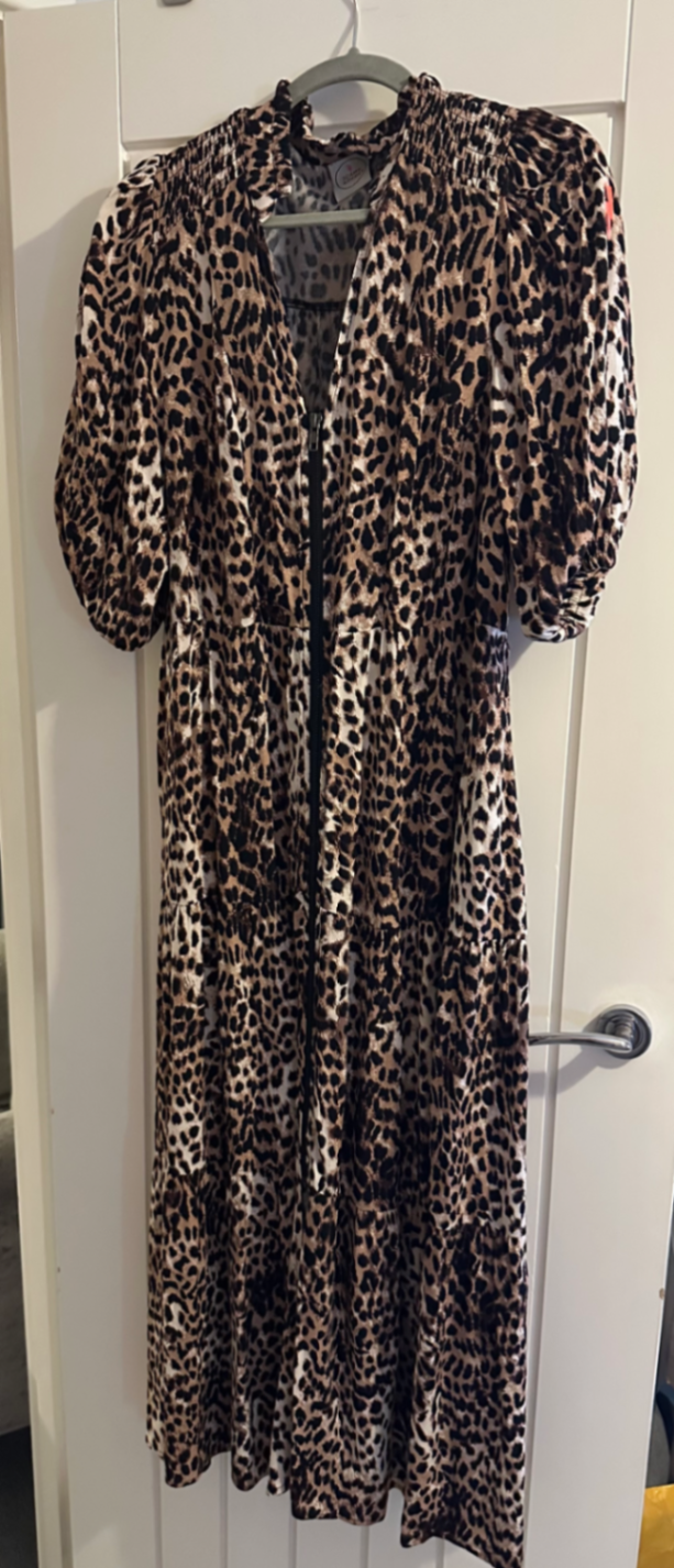 Neutral with Black Cheetah Zip Detail Tiered Midi Dress