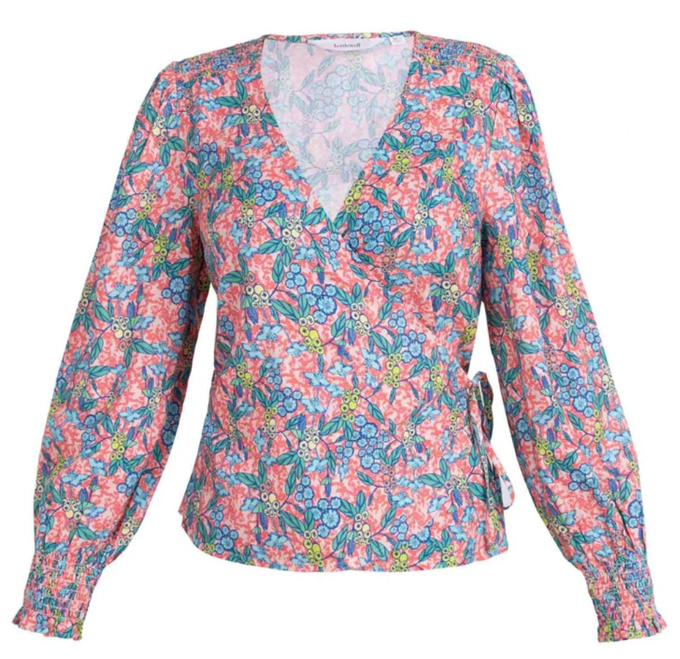 Like New - Kettlewell Floral Wrap Blouse with Puff Sleeves in Pink and Blue