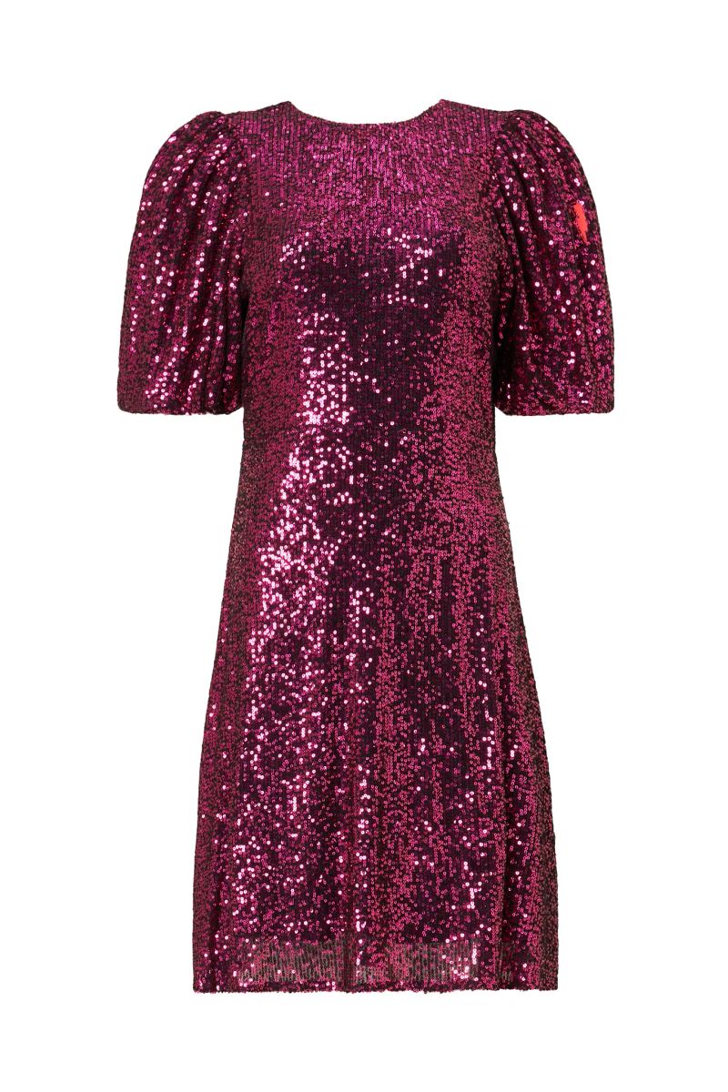Pink Sequin Puff Sleeve Short Dress