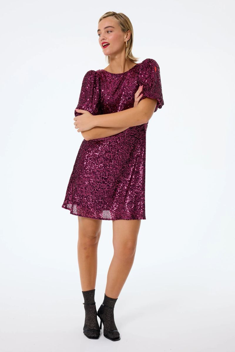 Pink Sequin Puff Sleeve Short Dress