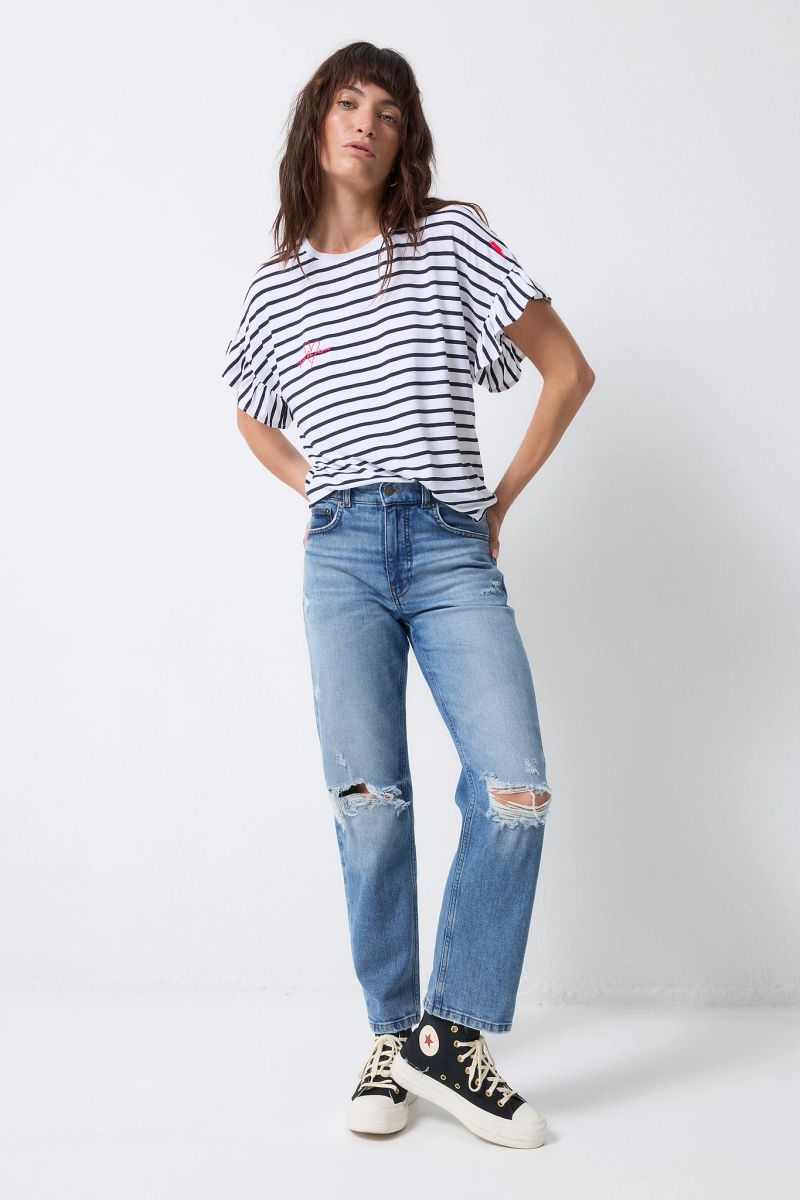White with Navy Stripe Frill Sleeve T-Shirt