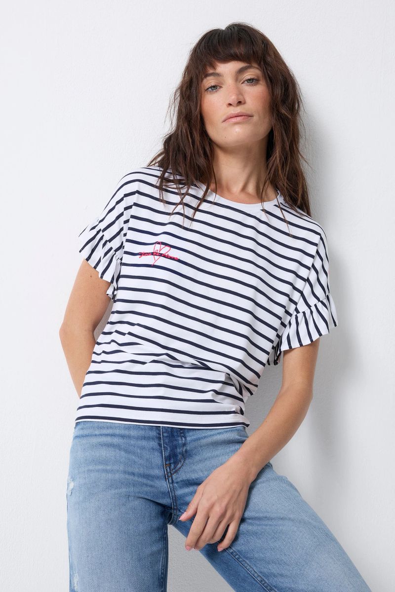 White with Navy Stripe Frill Sleeve T-Shirt