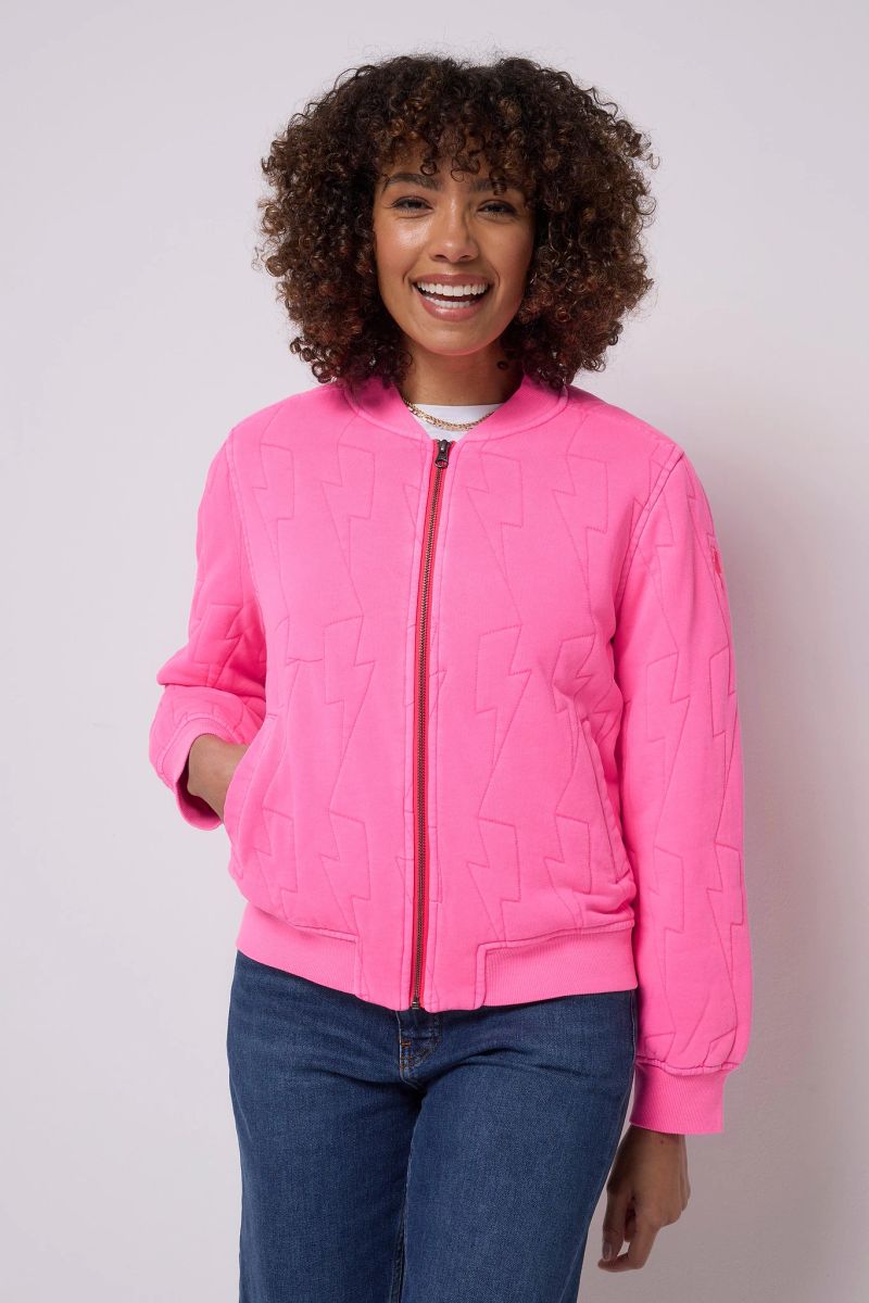 Neon Pink Lightning Bolt Fitted Quilted Bomber Jacket