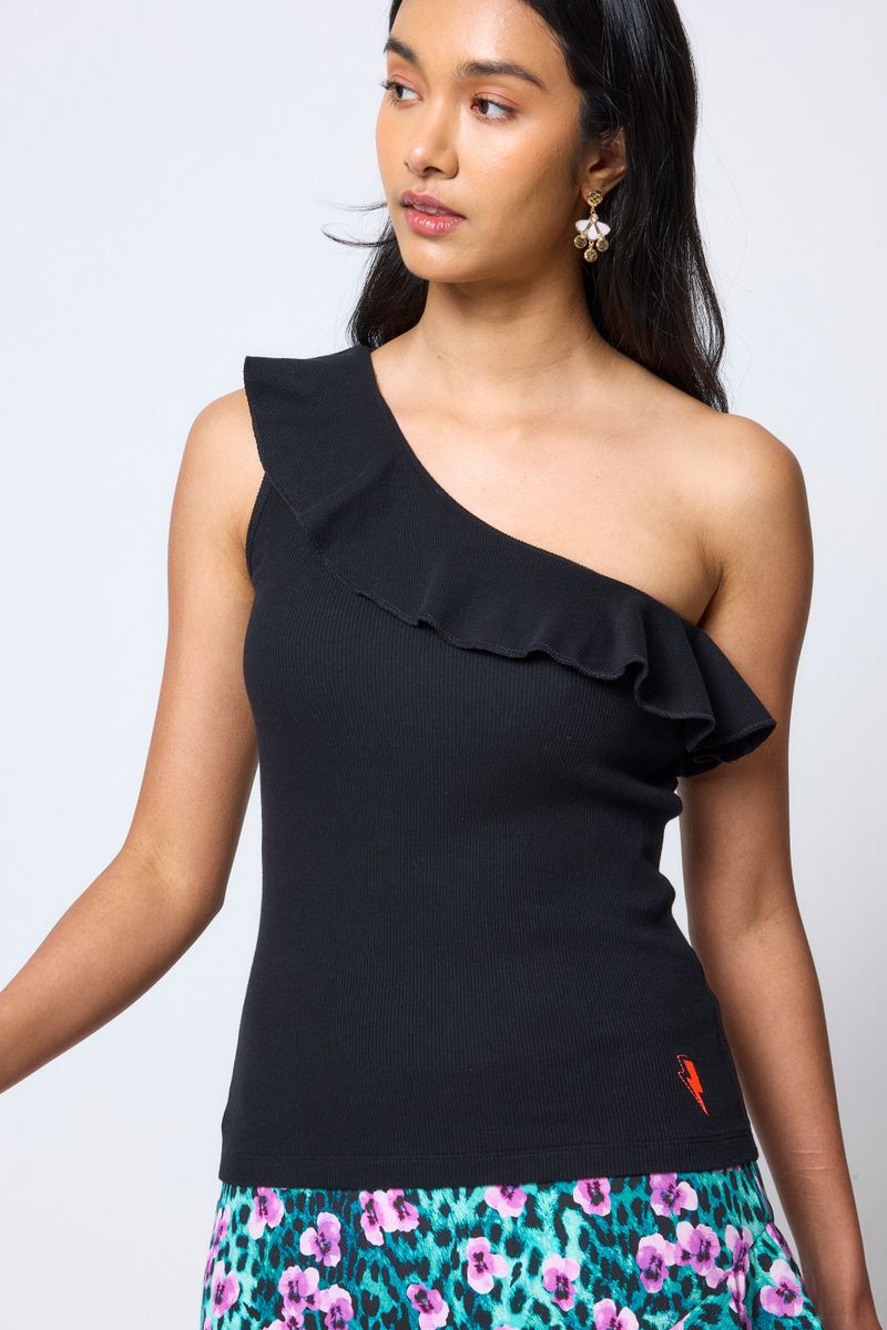 Black One Shoulder Frill Top