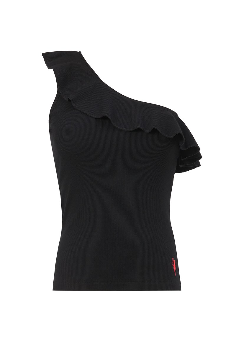 Black One Shoulder Frill Top