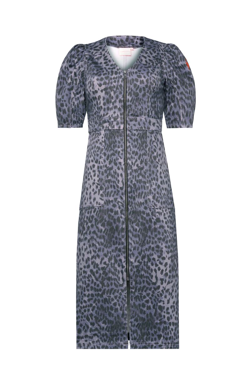 Washed Navy Wild Cheetah Denim Zip Front Midi Dress