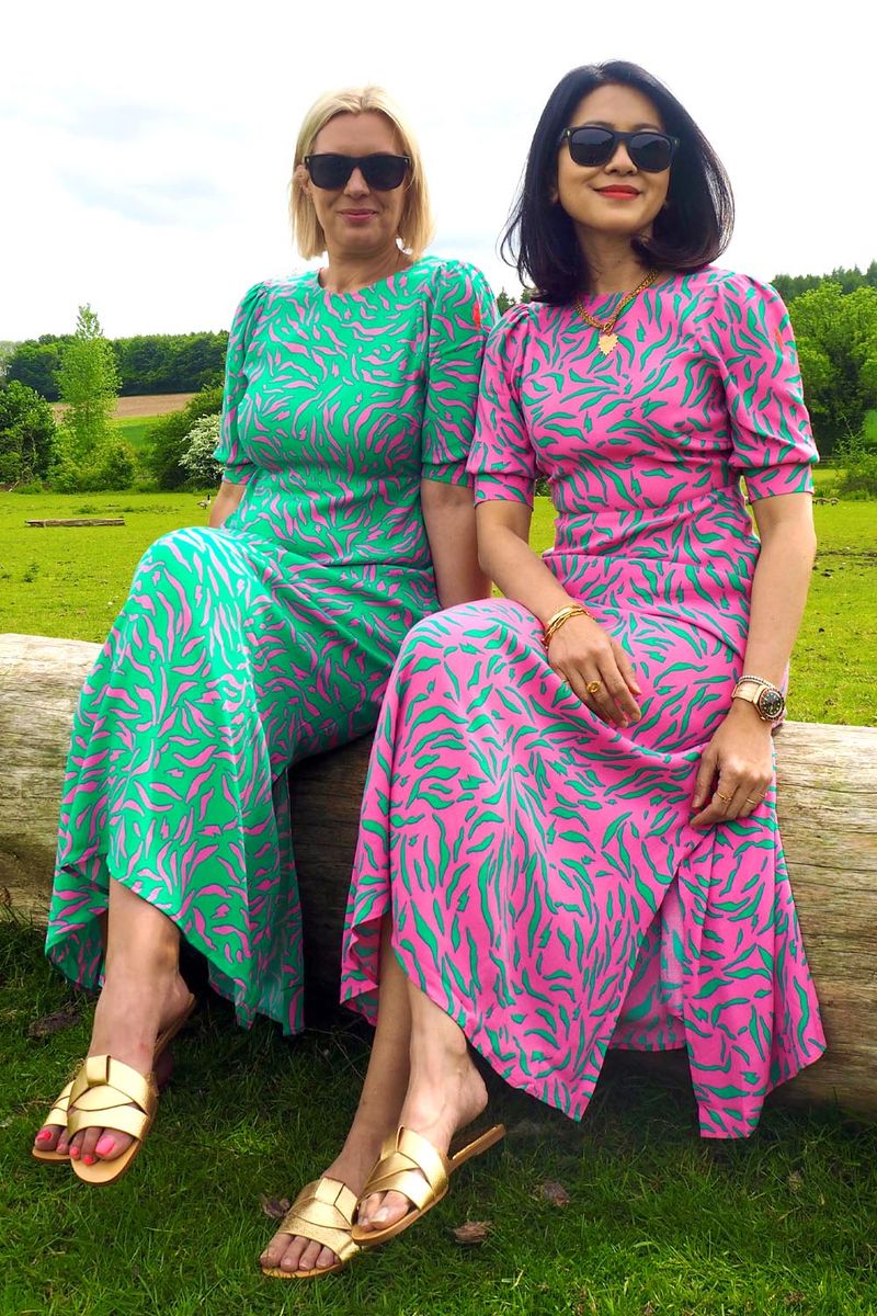 Bright Green with Pink Zebra Midi Dress