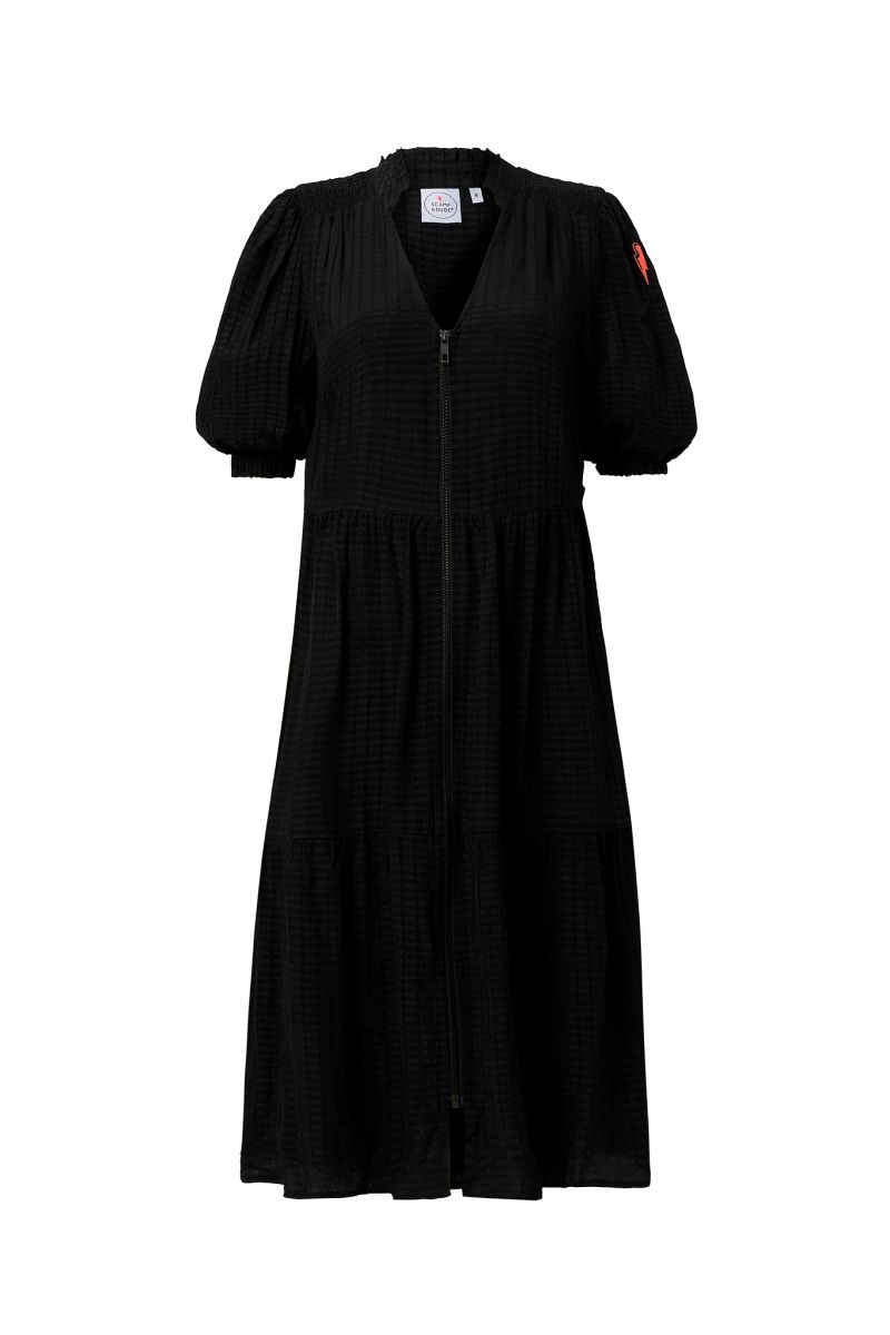 Black Textured Zip Detail Tiered Short Dress