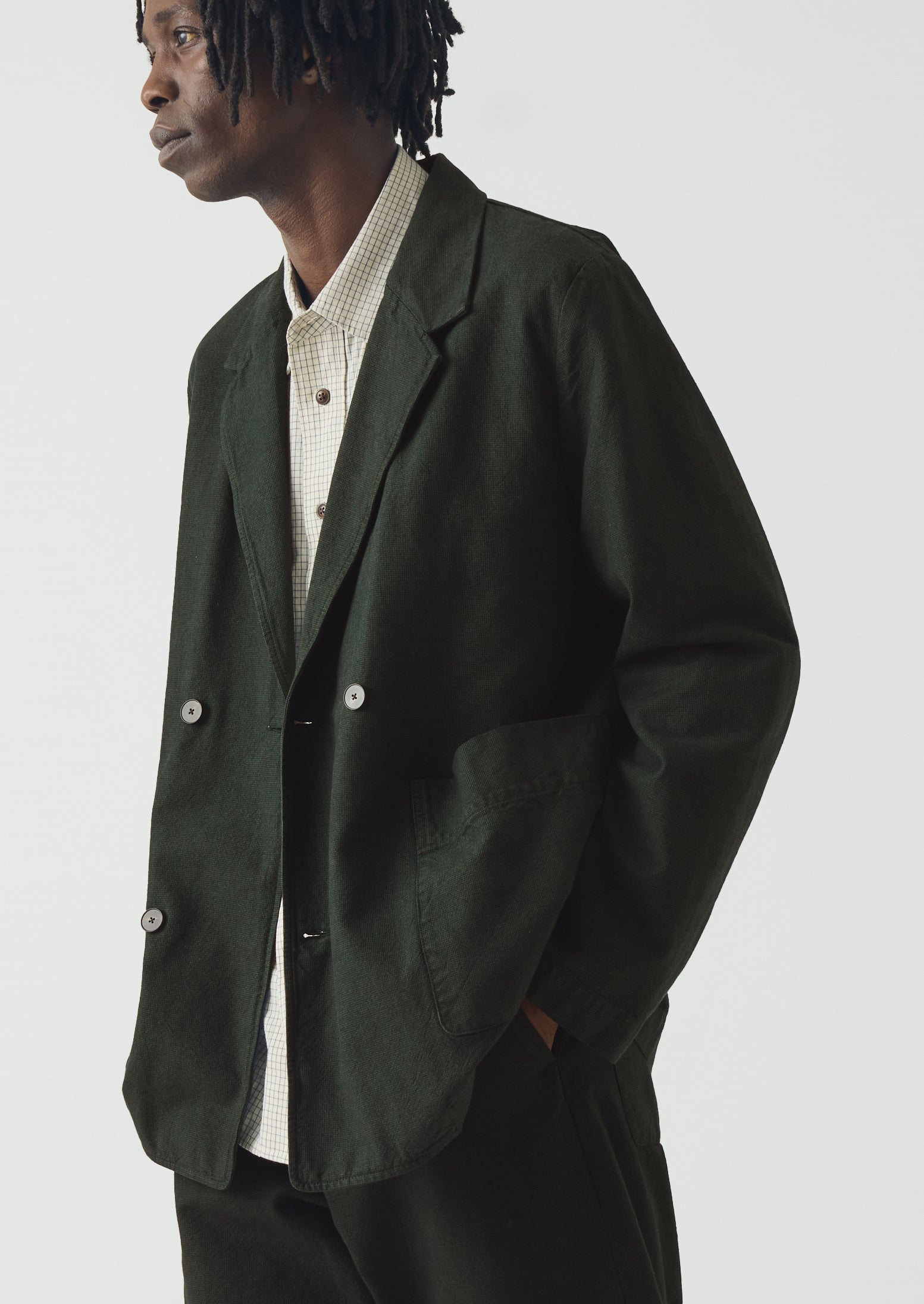 Overdyed Micro Houndstooth Cotton Blazer - Oil Green
