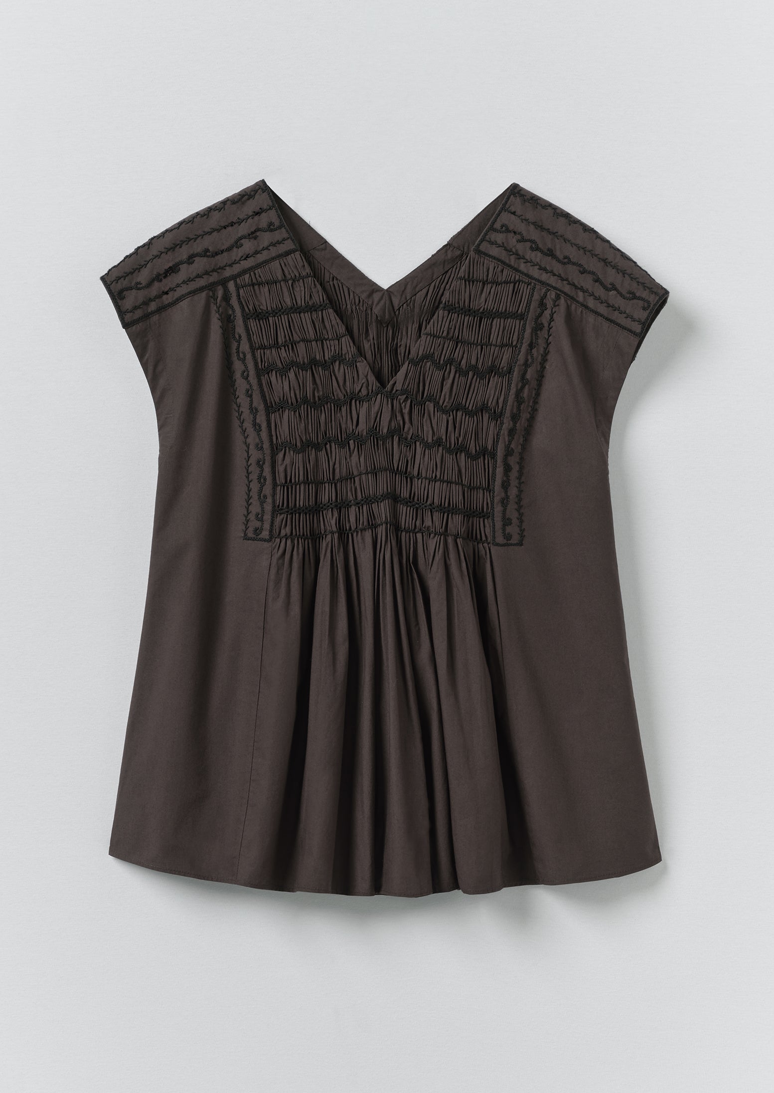 Contrast Smocked Cotton Top - Black Walnut