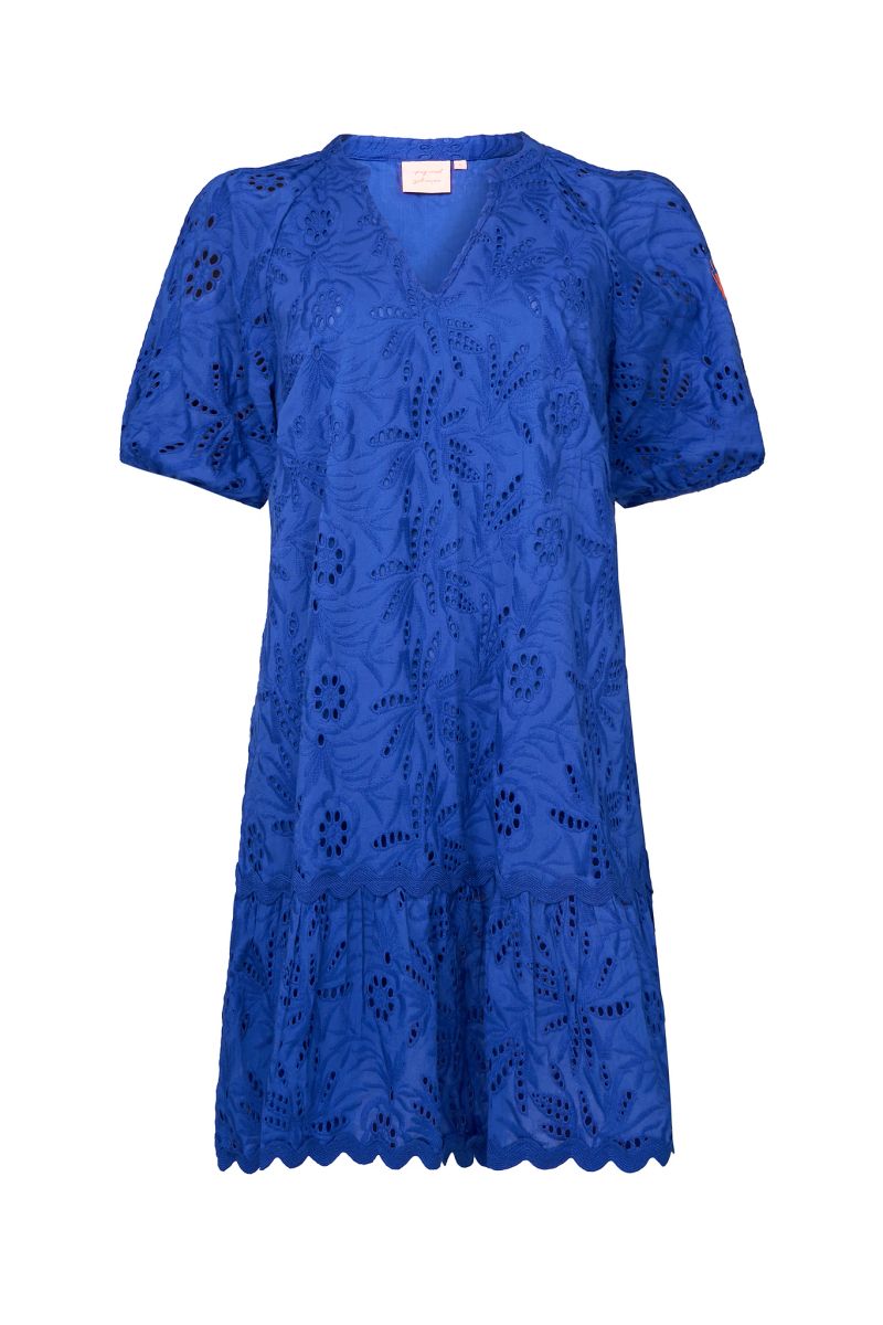 Blue V-Neck Broderie Short Dress