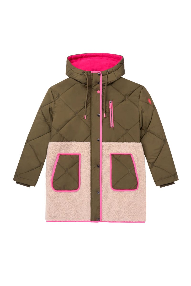 Khaki and Pink Quilted Borg Hooded Coat