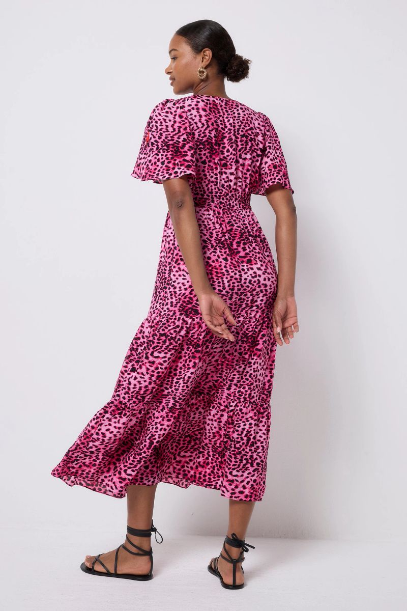 Bright Pink with Black Cheetah Tie Front Maxi Dress