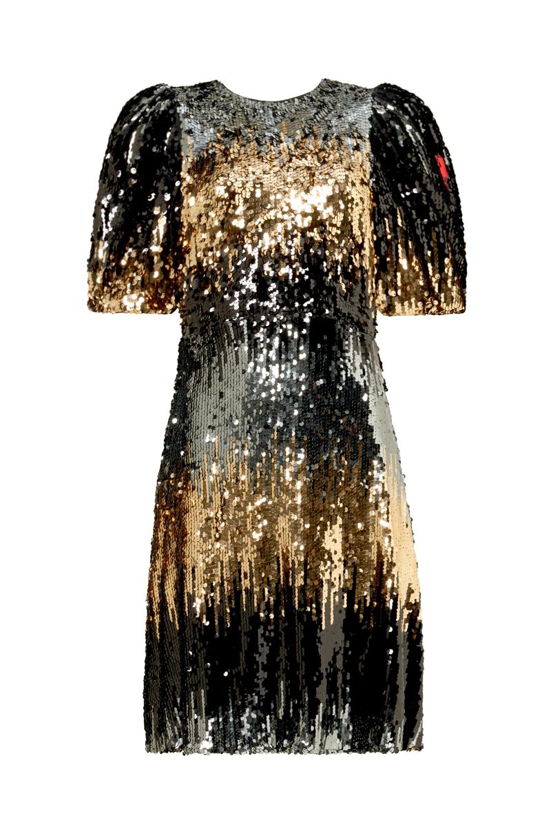 Copper Ombre Sequin Puff Sleeve Short Dress