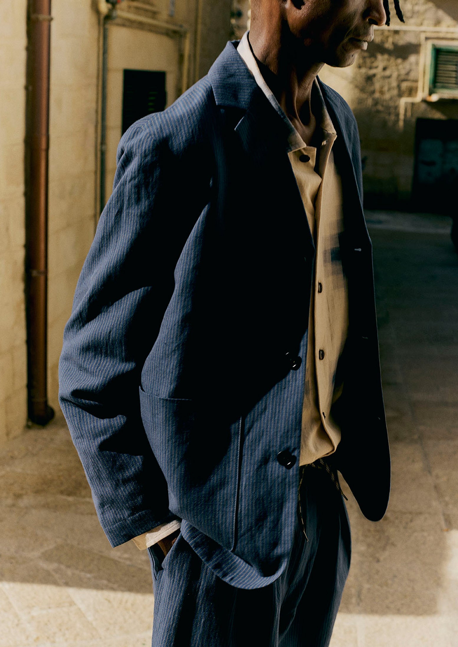 Running Stitch Cotton Linen Blazer - Navy/Fawn