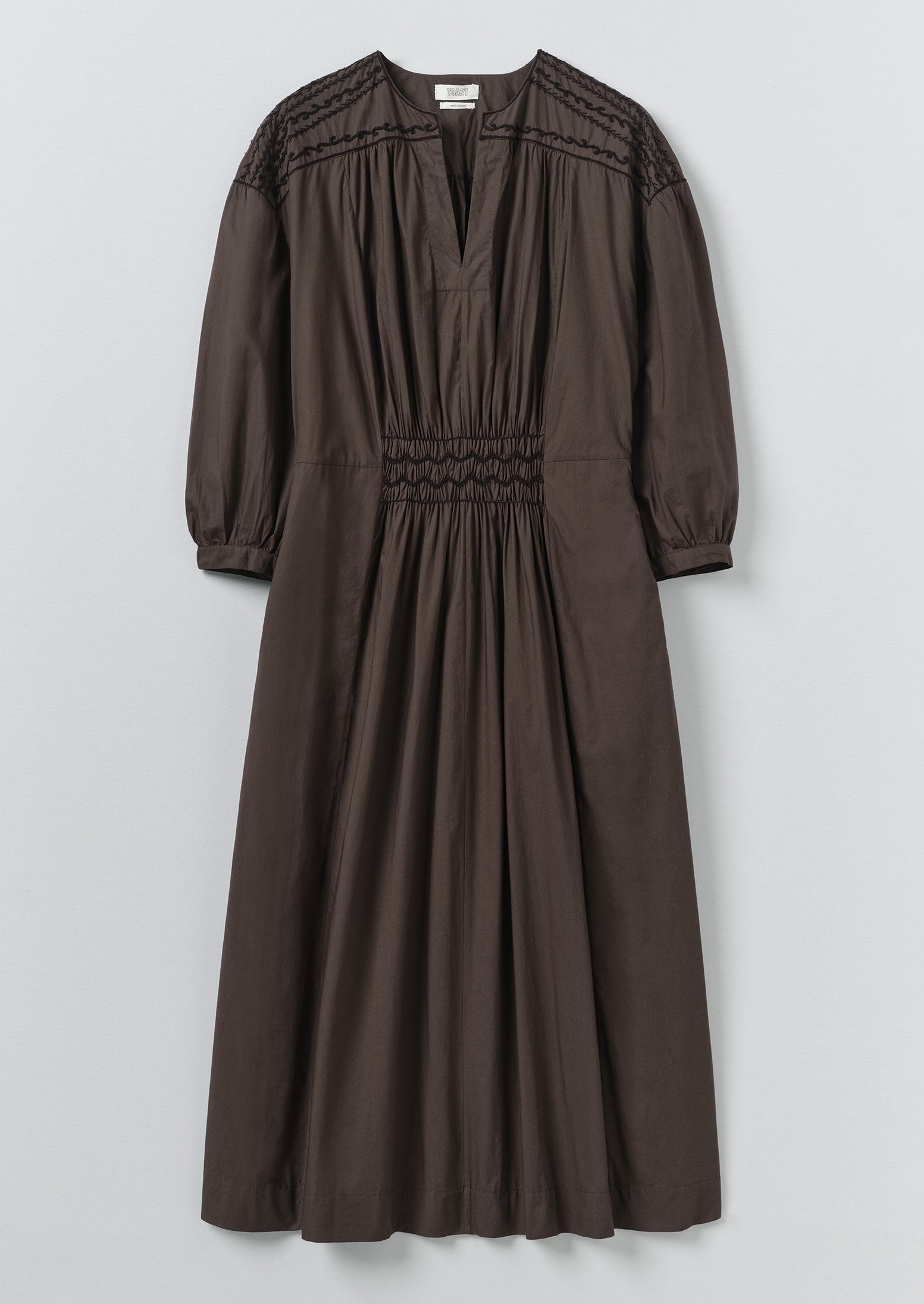 Contrast Smocked Cotton Dress - Black Walnut