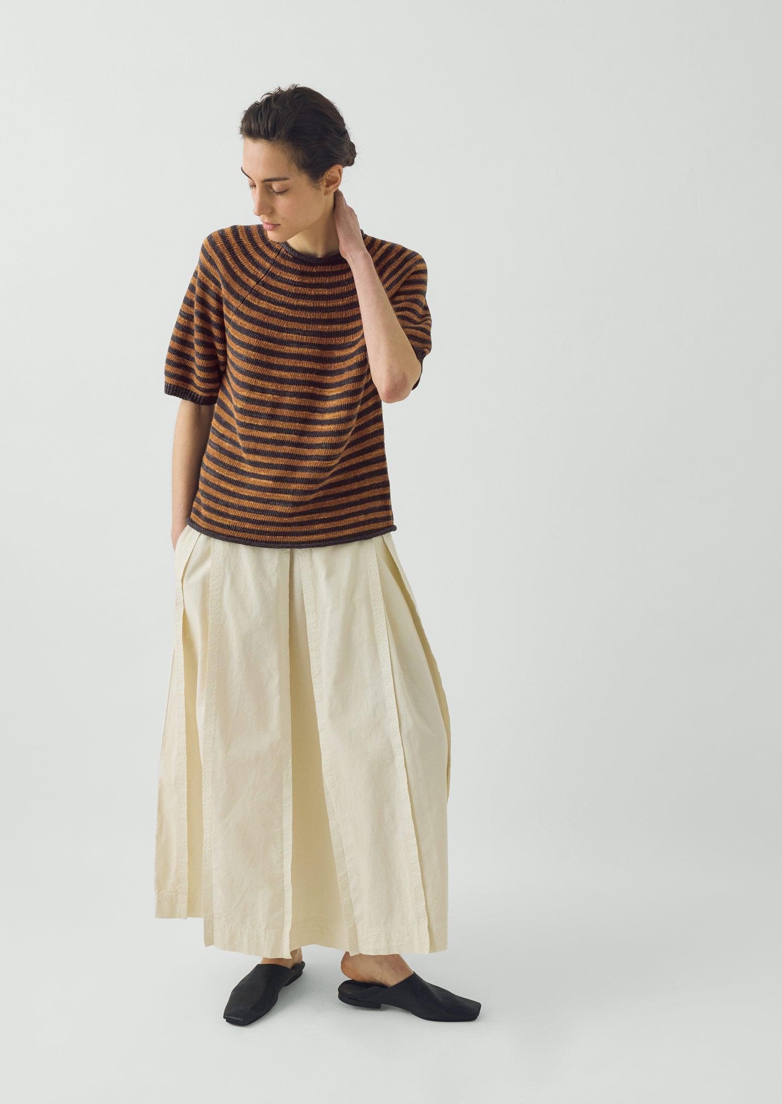 Cotton Linen Poplin Box Pleat Skirt - Ecru