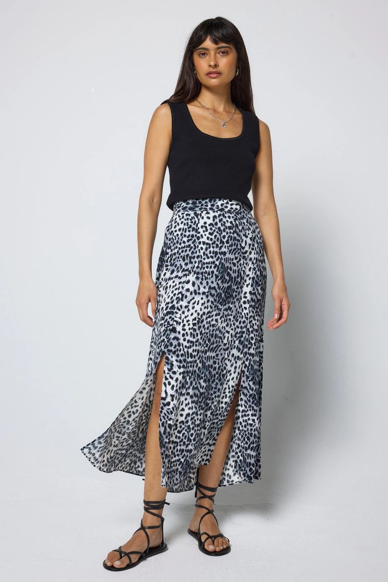 Grey with White and Black Cheetah Split Front Skirt