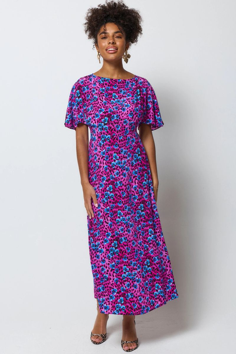 Bright Pink Paradise Cheetah Cape Sleeve Midi Dress