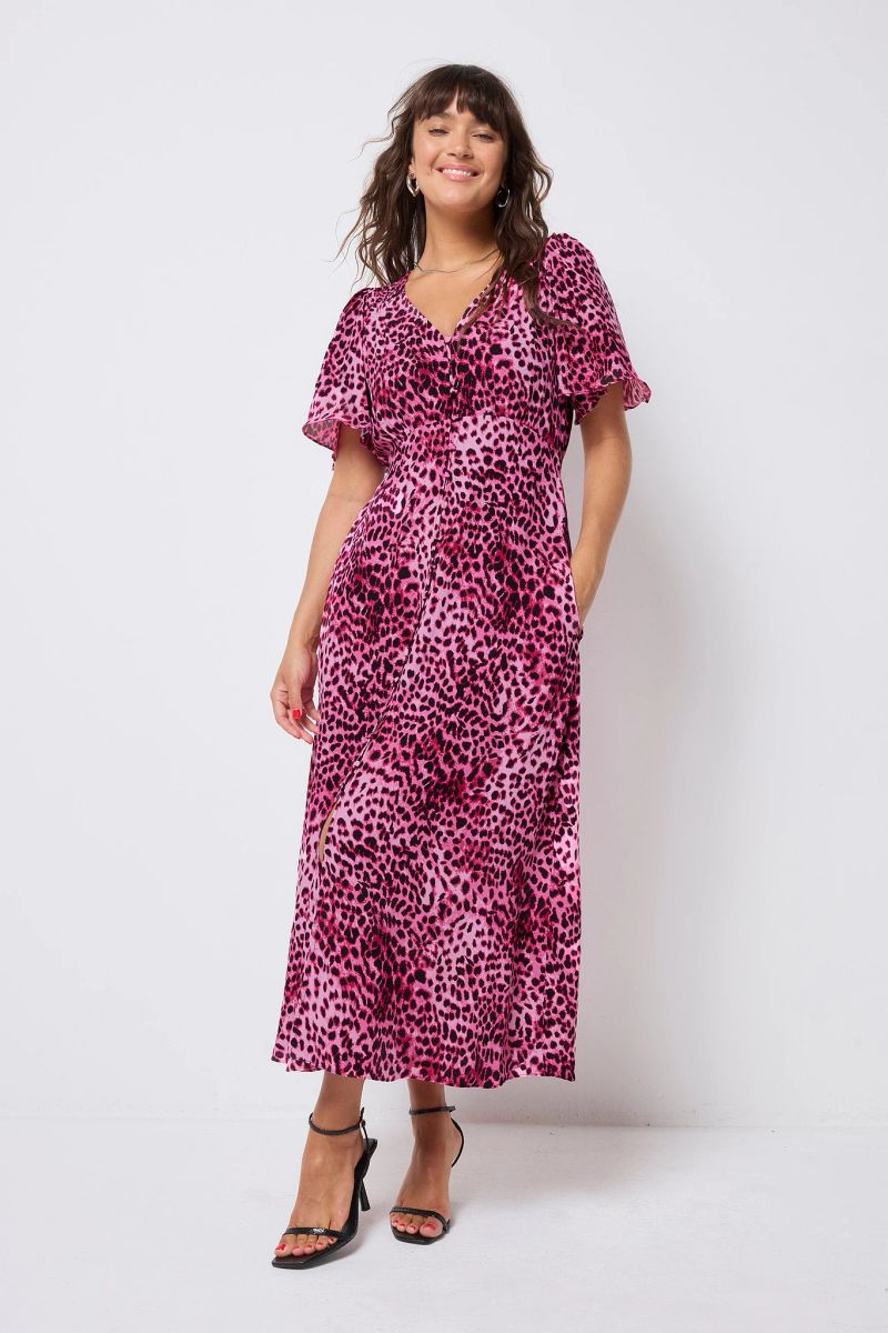 Bright Pink with Black Cheetah Angel Sleeve Midi Tea Dress