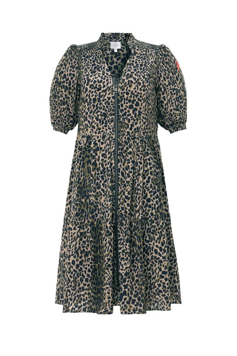 Khaki with Black Wild Leopard Zip Detail Tiered Short Dress