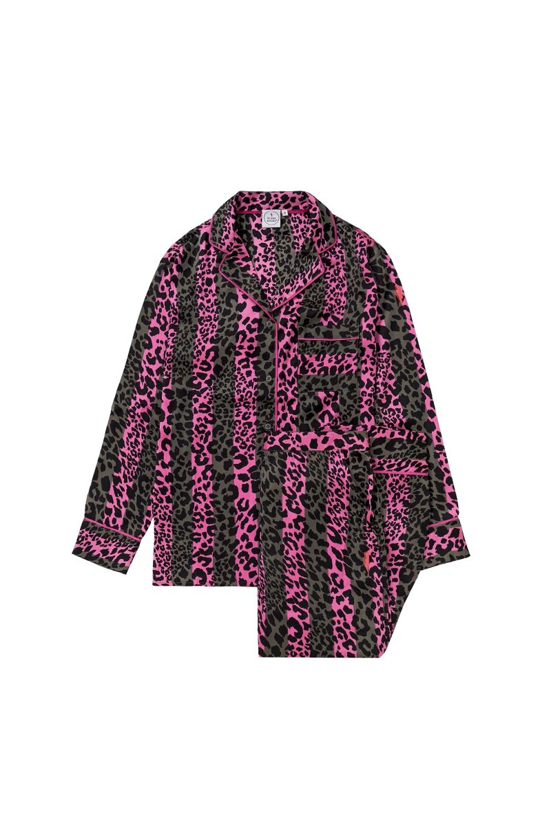 Khaki with Pink Stripe and Leopard Satin Pyjamas