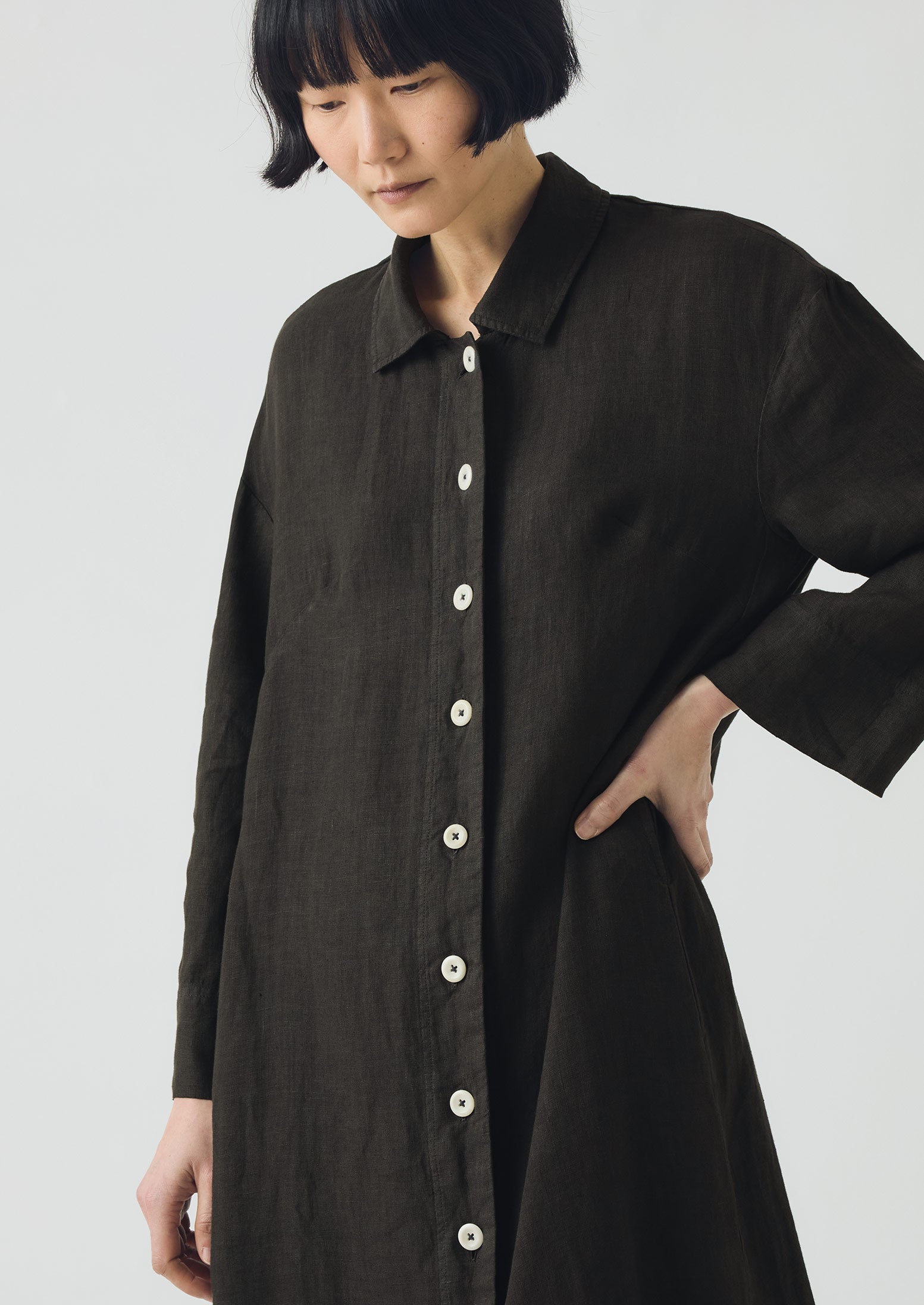Garment Dyed Linen Button Shirt Dress - Black Pepper