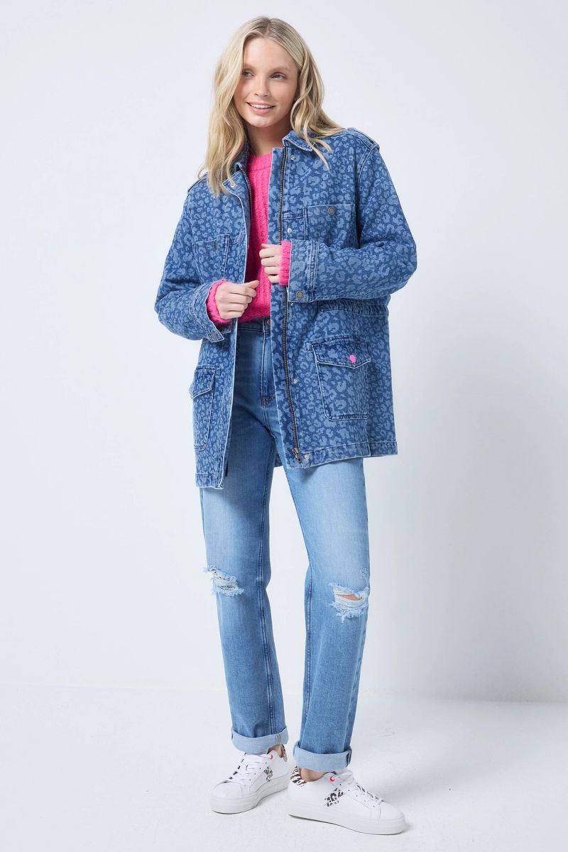 Authentic Indigo Leopard Denim Utility Jacket