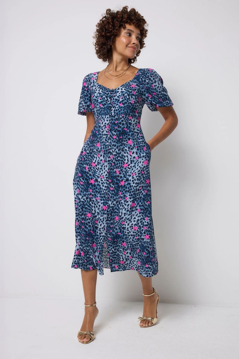 Navy with Pink Star Cheetah Puff Sleeve Midi Tea Dress