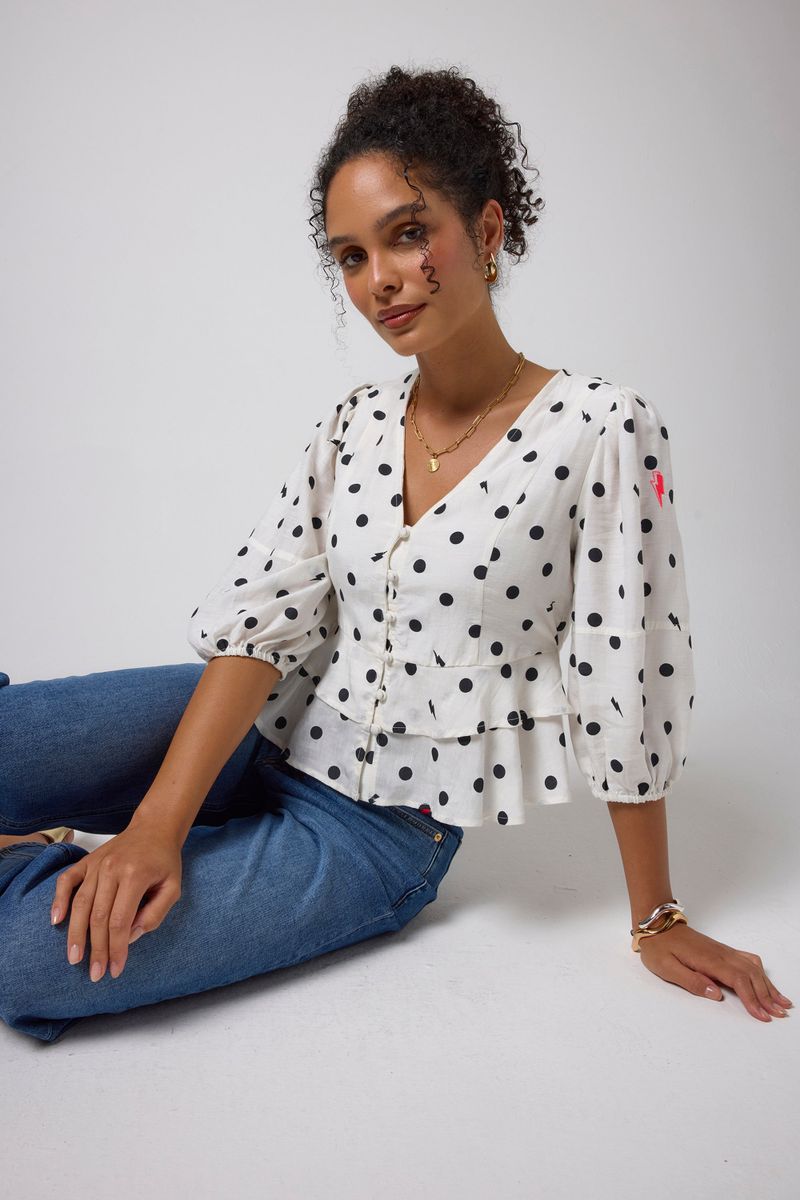 Ivory with Black Polka Dot Bolt Peplum Blouse