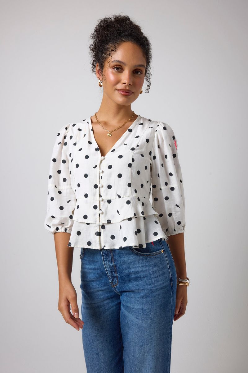 Ivory with Black Polka Dot Bolt Peplum Blouse