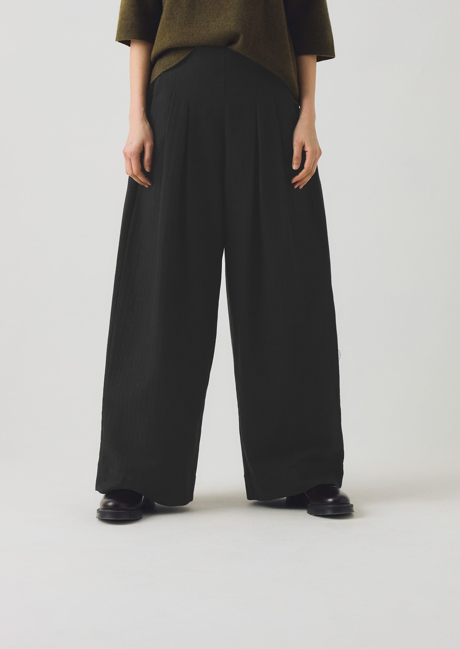 Corinne Wool Cotton Herringbone Wide Leg Trousers - Black
