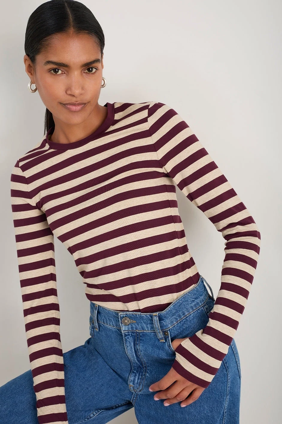 Marnie Long Sleeve Jersey Top - Oat/Deep Fig Stripe - 5