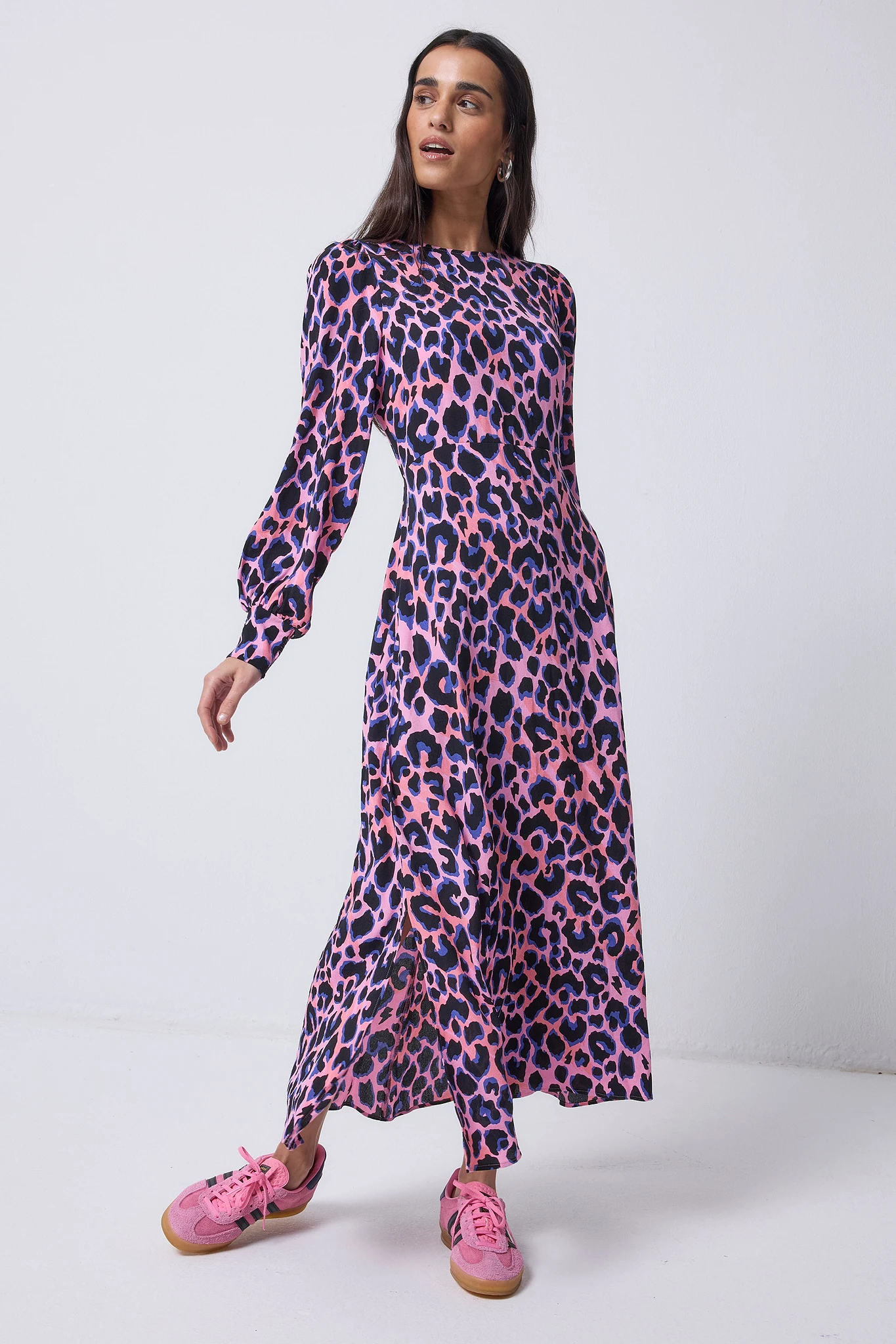 Pink with Blue and Black Shadow Leopard Blouson Sleeve Midi Dress