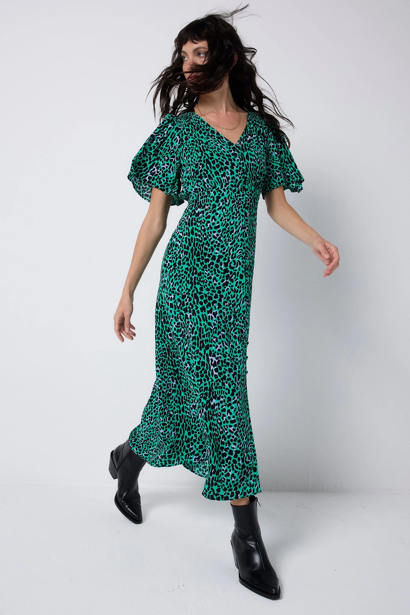 Green with Black Leopard Angel Sleeve Midi Tea Dress