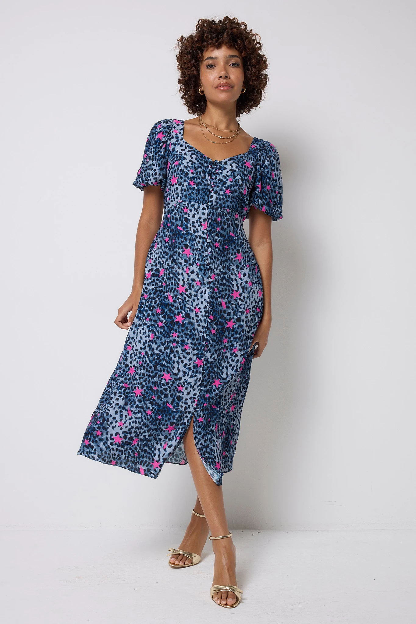 Navy with Pink Star Cheetah Puff Sleeve Midi Tea Dress