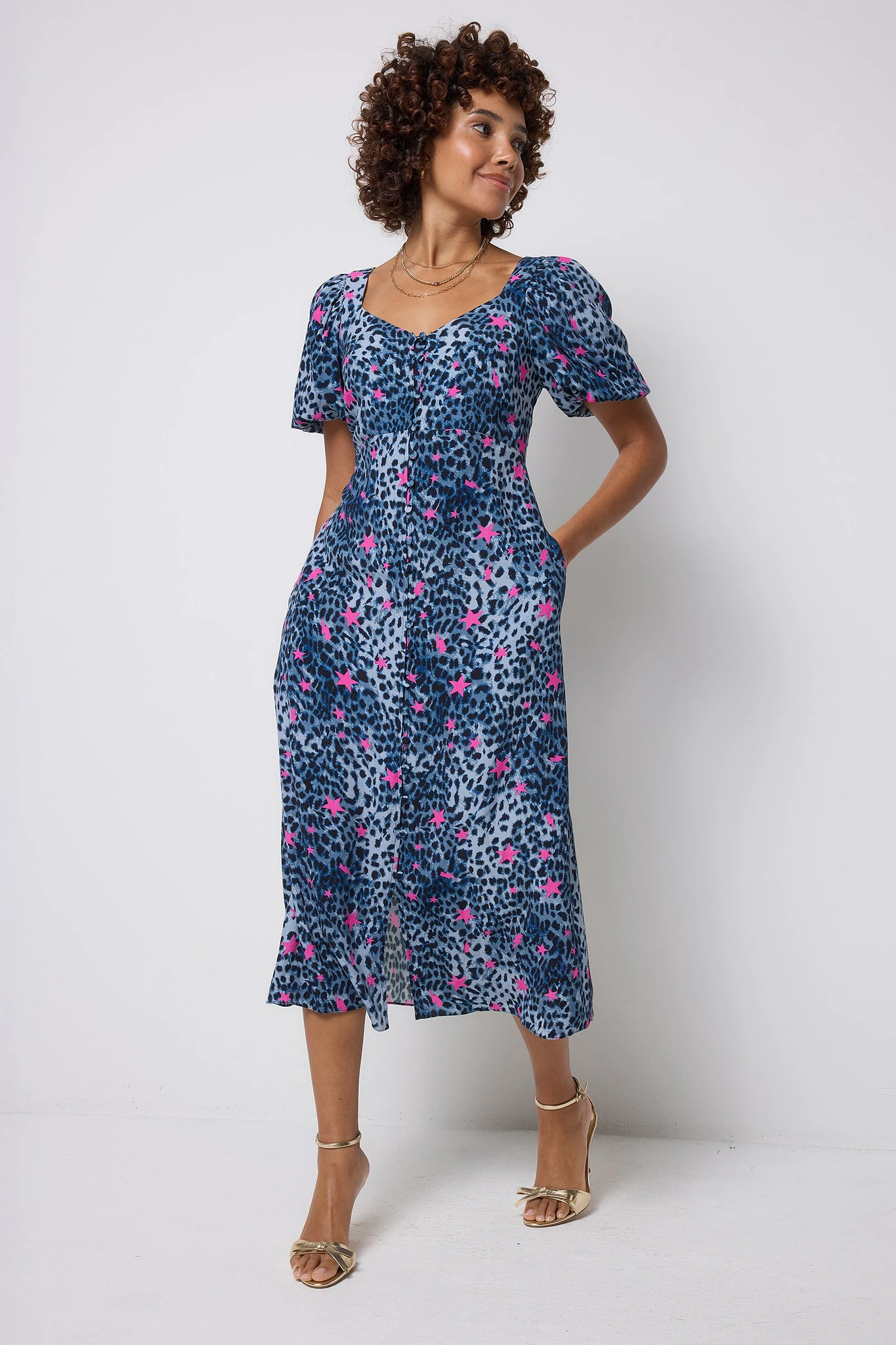 Navy with Pink Star Cheetah Puff Sleeve Midi Tea Dress