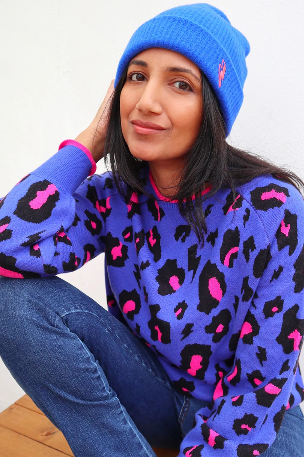 Blue Snow Leopard Knitted Jumper