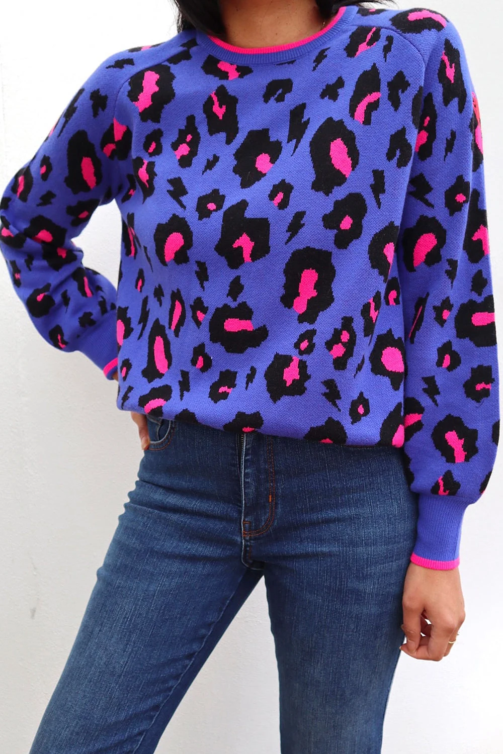 Blue Snow Leopard Knitted Jumper