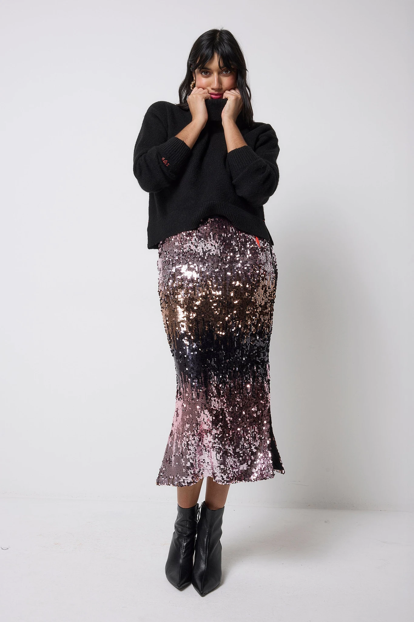 Pink Ombre Sequin Side Split Skirt