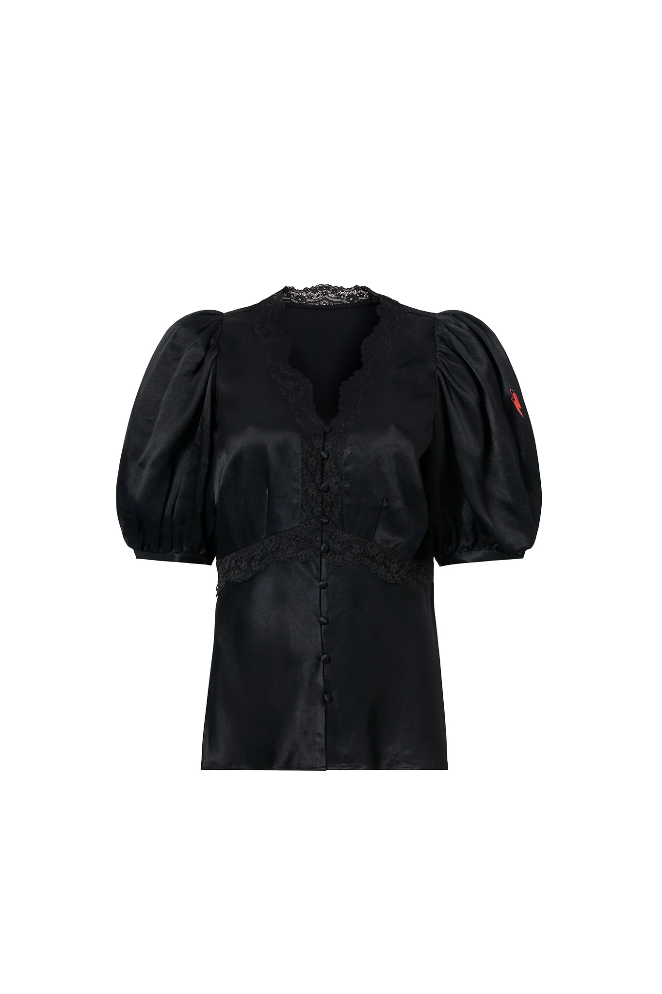 Black with Lace Trim Puff Sleeve Button Through Blouse
